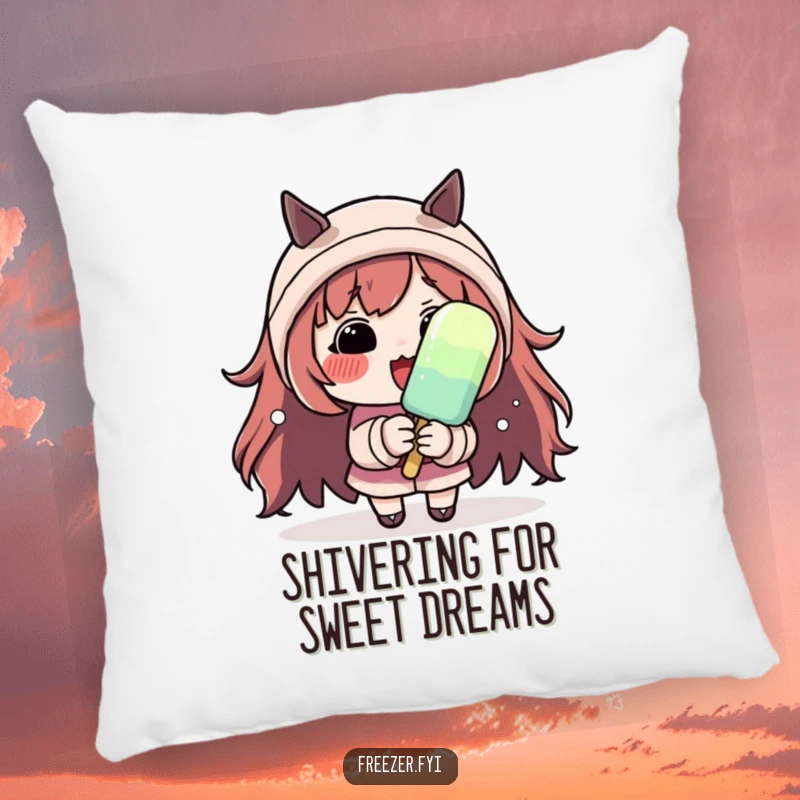 Funny pillow featuring a character with rosy cheeks, shivering dramatically while holding a small popsicle, perfect for cozy, humorous comfort.