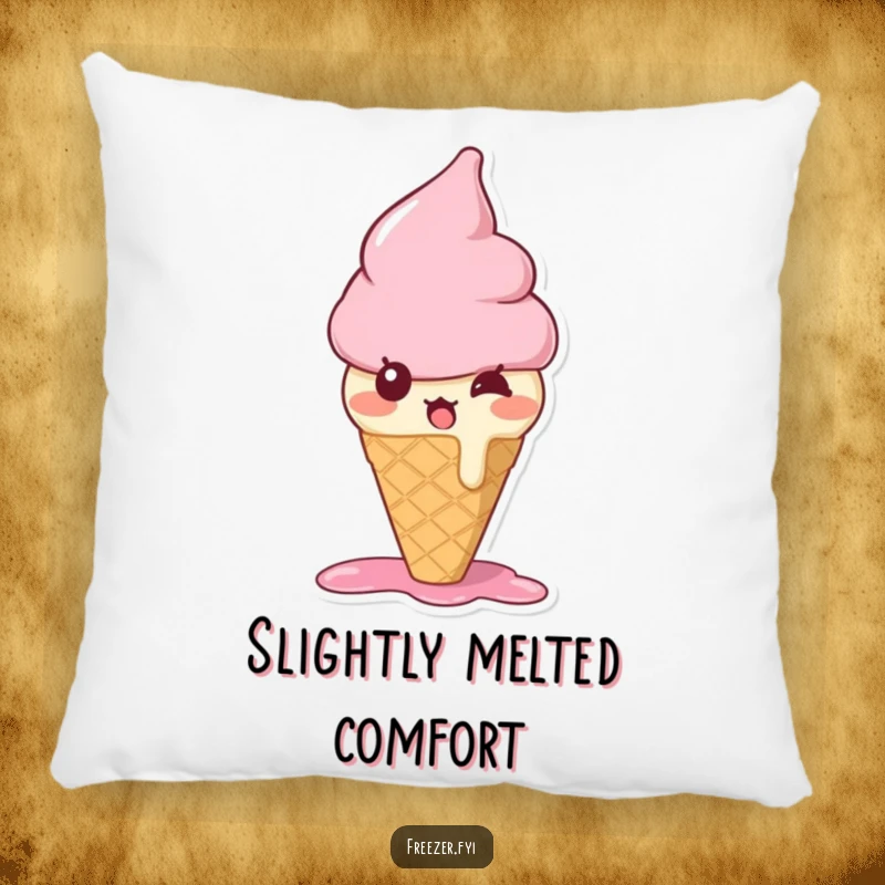 Funny ice cream cone pillow with a bewildered character melting slightly with surprise, offering soft, sweet comfort.