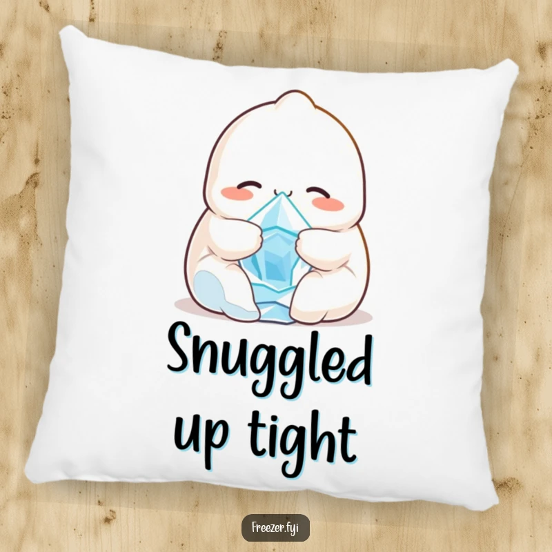 Funny pillow with a smiling dumpling character cuddling a tiny, shivering ice crystal, offering comfort and a humorous, heartwarming element.