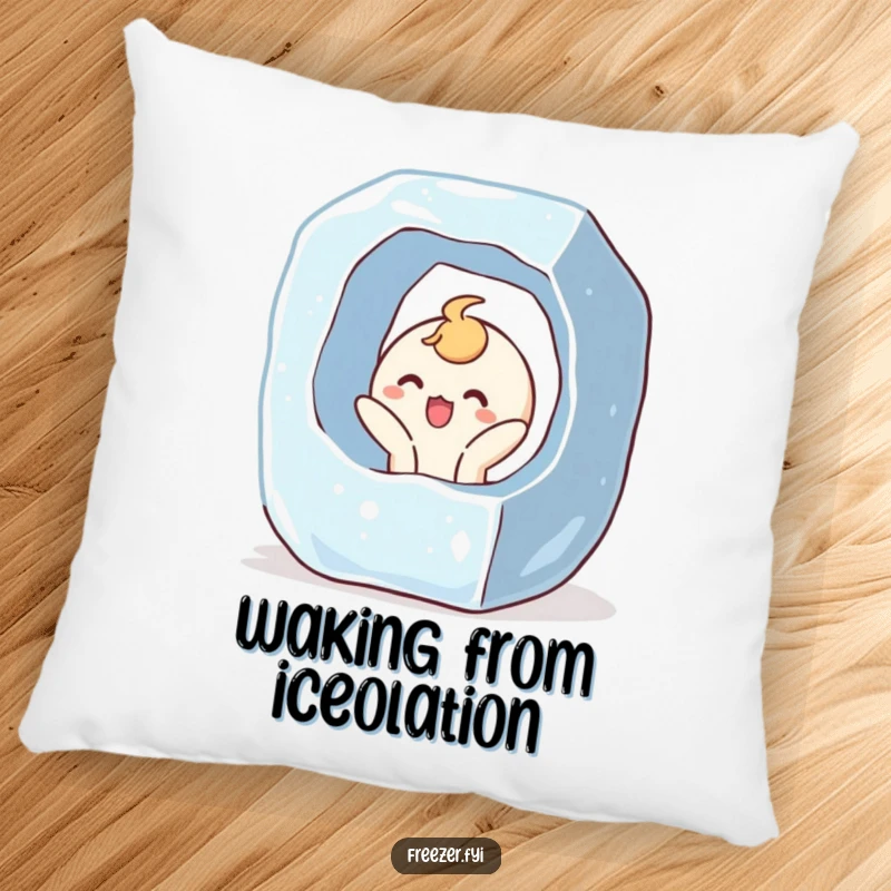 Funny pillow featuring a character bursting out of a giant ice cube with a surprised, joyful expression, perfect for cozy, humorous comfort.