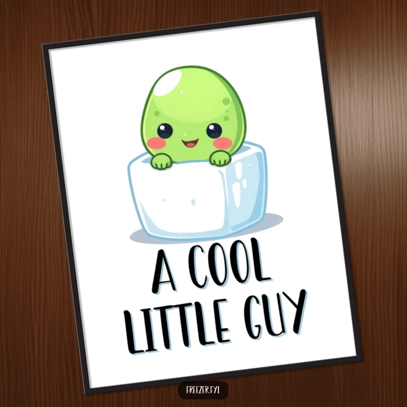 Funny frozen pea digital art print of a smiling character peeking from a tiny ice cube, perfect for instant cool decor.
