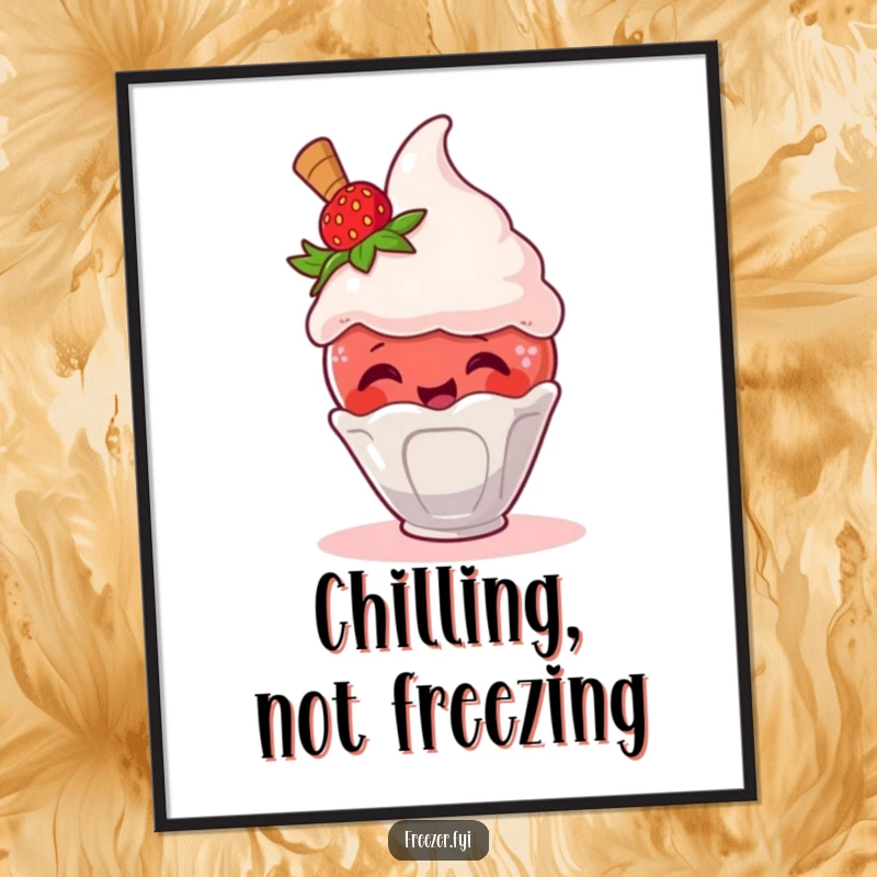 Funny digital art print of a giggling strawberry escaping an ice cream scoop, ideal for instant humor.