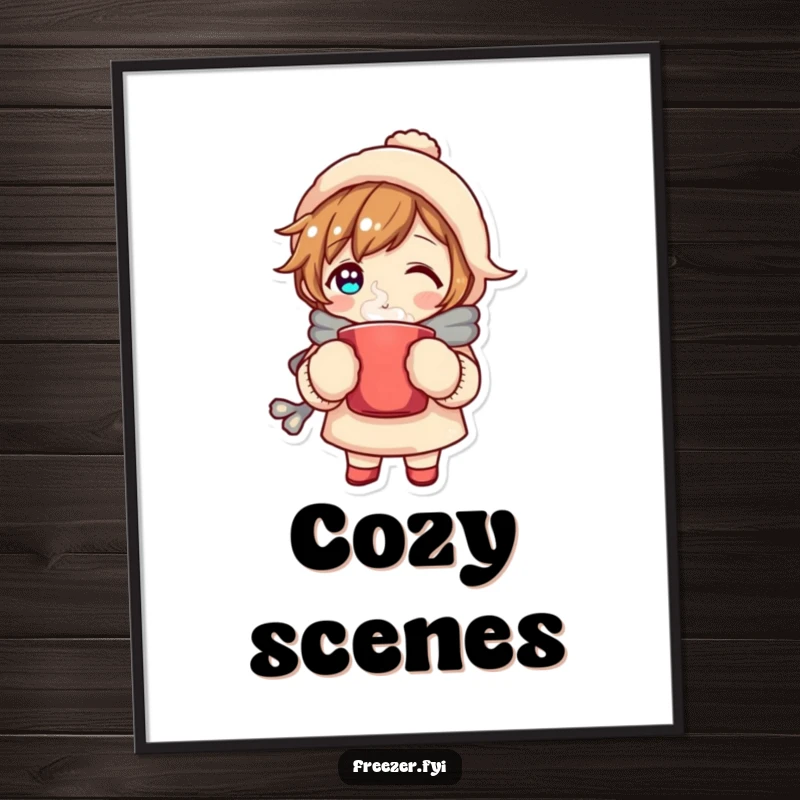 Funny digital art print of a character in mittens holding a steaming mug, embodying ultimate cozy vibes for instant humorous decor.