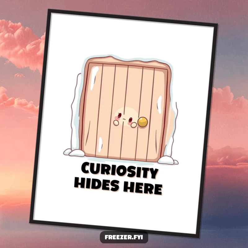 Funny digital art print of a character playfully peeking out from behind a large, frosty door, capturing whimsical mystery.