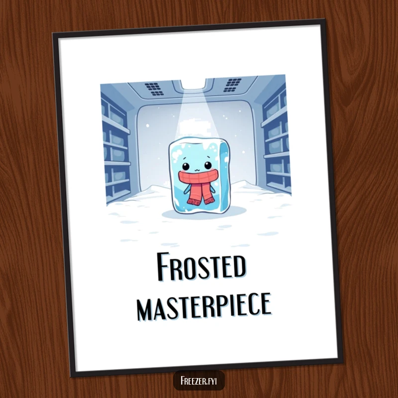 Funny digital art print of a lonely ice cube in a scarf shivering dramatically in a vast freezer, printable humor.