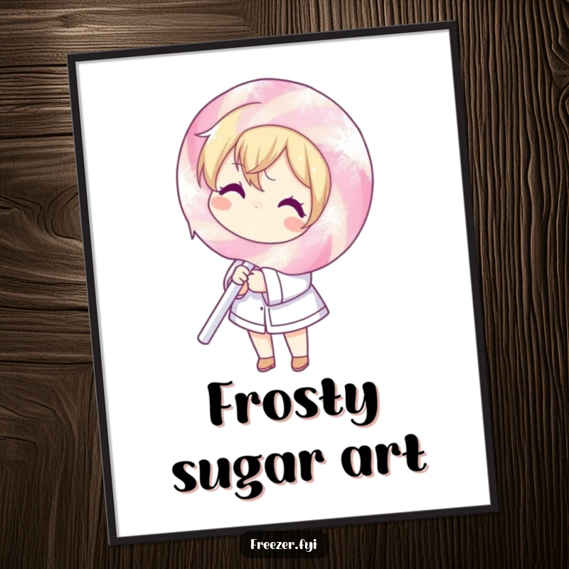 Funny digital art print of a character shivering with a giant, frost-covered lollipop, capturing a humorous, sweet, and chilly moment for instant download.