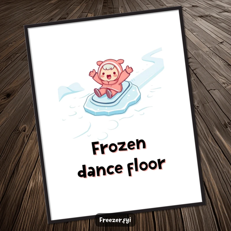 Funny digital art print of a character joyfully sliding on ice with arms spread wide. Instant humorous wall decor for winter lovers.