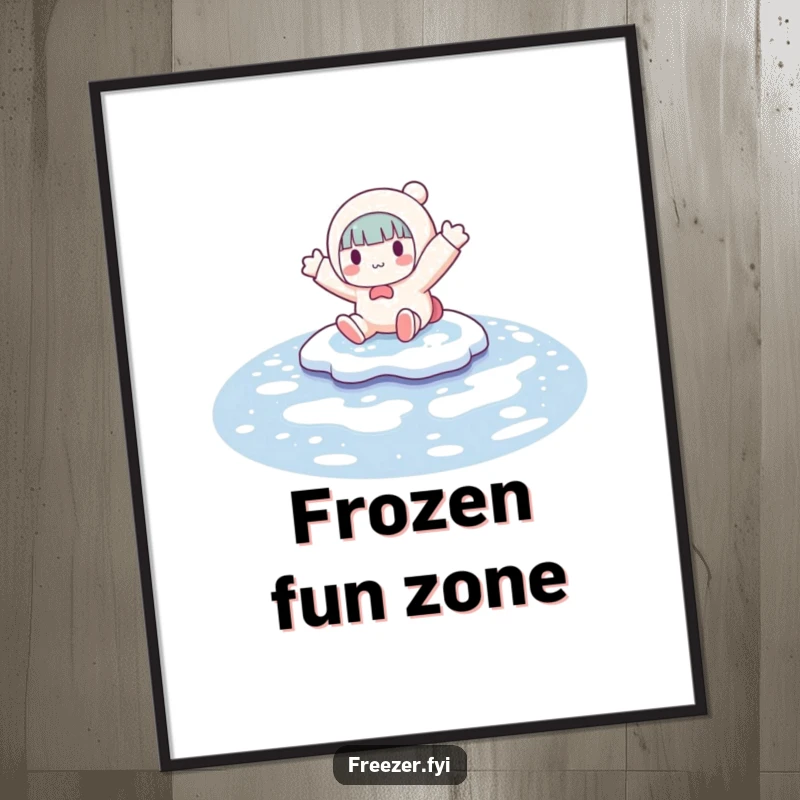 Funny digital art print of a character playfully sliding on a frozen puddle, arms outstretched, embodying the spirit of winter fun.