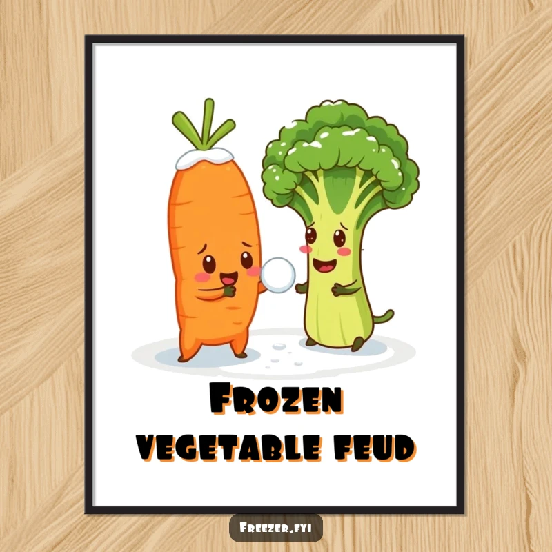 Funny digital art print of a cheerful carrot snowball fighting a bewildered broccoli floret, printable veggie humor.
