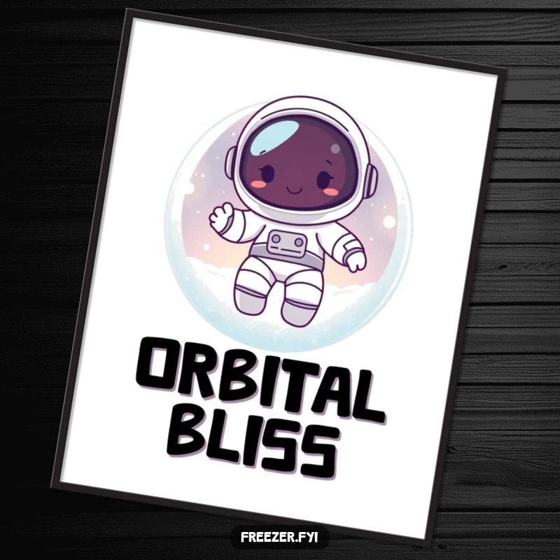 Funny digital art print of a happy astronaut character floating inside a frosty, glowing orb, offering instant cosmic decor.