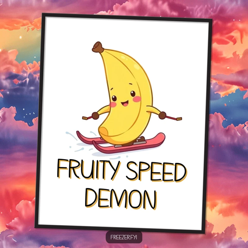 Funny digital art print of a laughing banana peel on skis, hilariously zipping down a frosty slope, offering instant winter sports amusement.