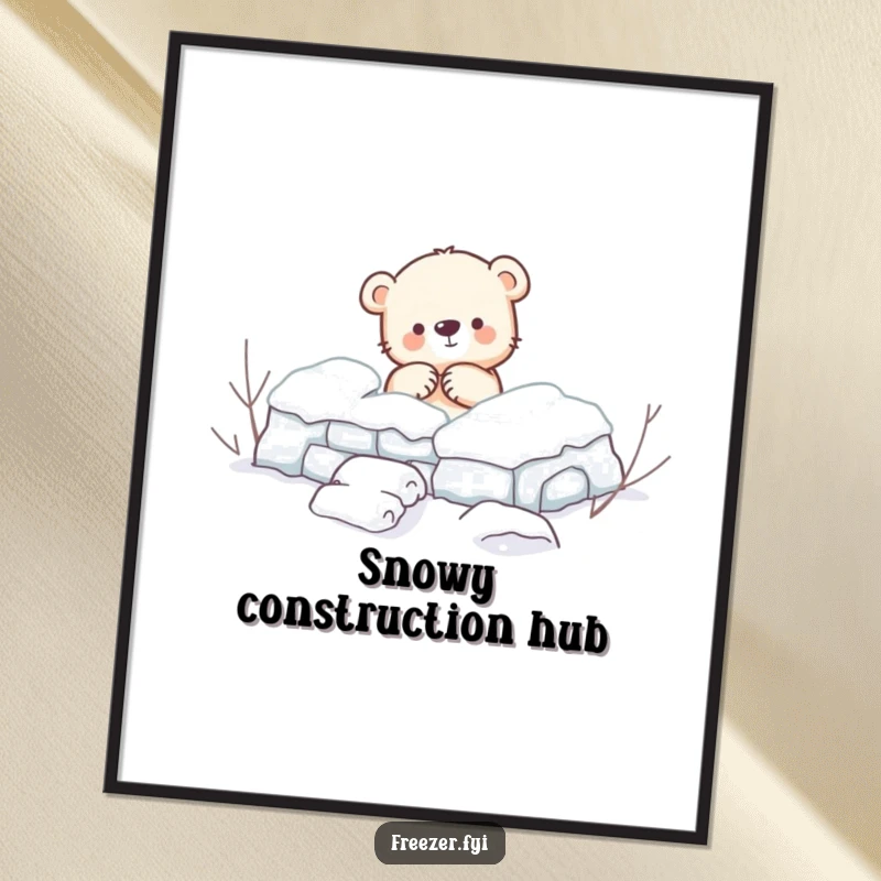 Funny Digital Art: A printable artwork of a small bear cub energetically building a snow fort, perfect for adding instant winter charm.
