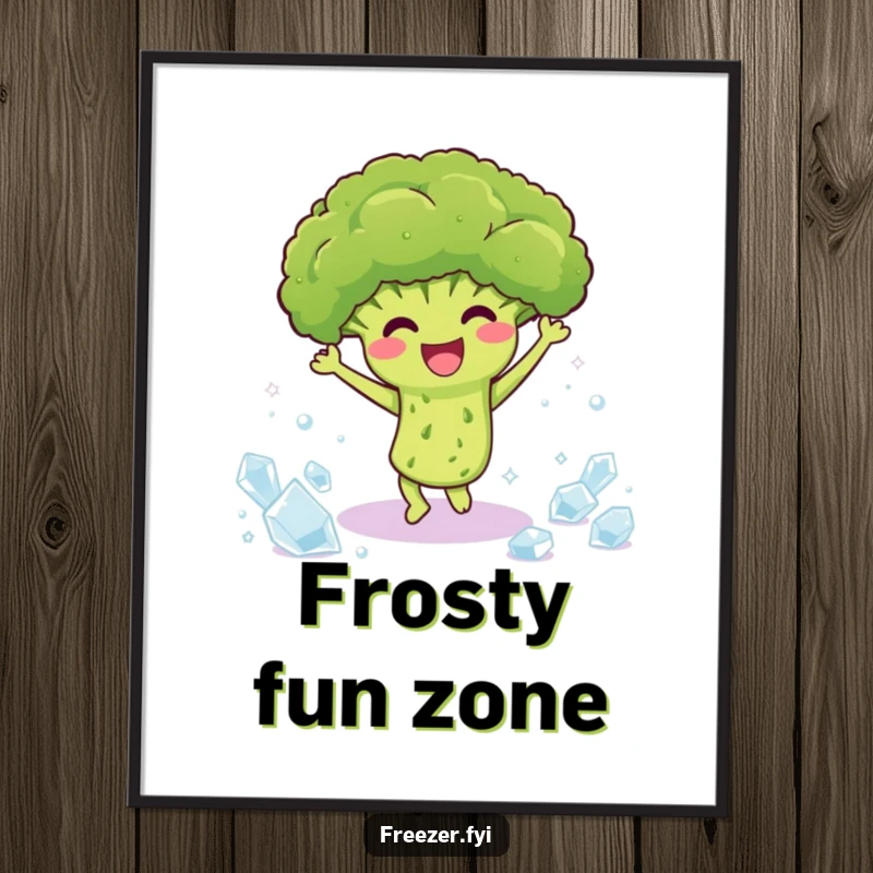 Funny digital art print of a happy broccoli dancing among ice crystals, ideal for instant humor and cheerful decor.