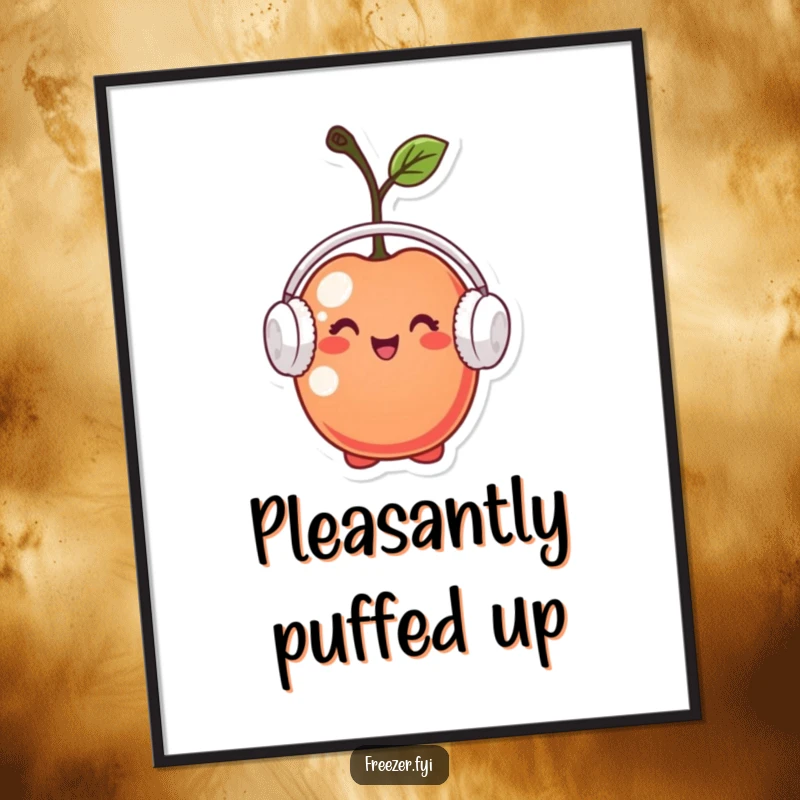 Funny digital art print of a tiny cherry character wearing miniature earmuffs, looking pleased, offering instant humorous and cozy wall decor.