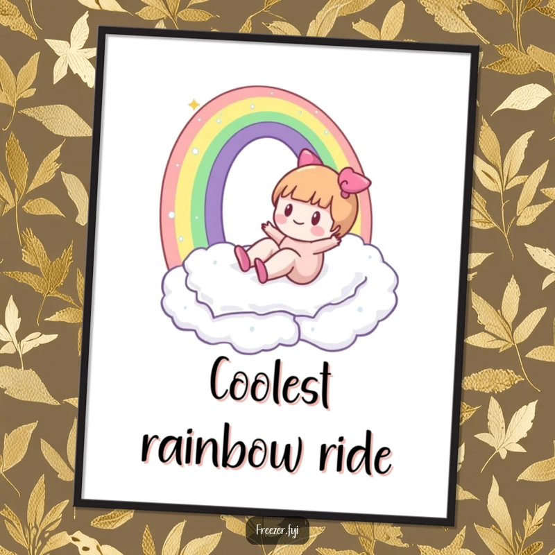 Funny digital art print of a character happily sliding down a rainbow made of frost, offering instant winter magic.