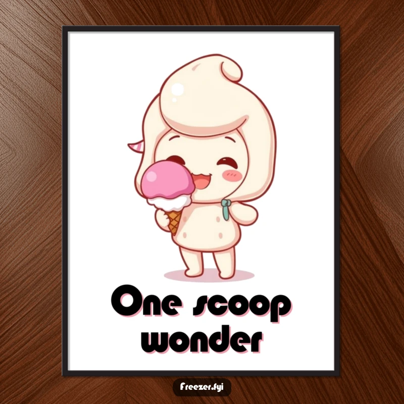 Funny digital art print of a beaming character holding a single, perfect scoop of ice cream, offering instant sweet humor.