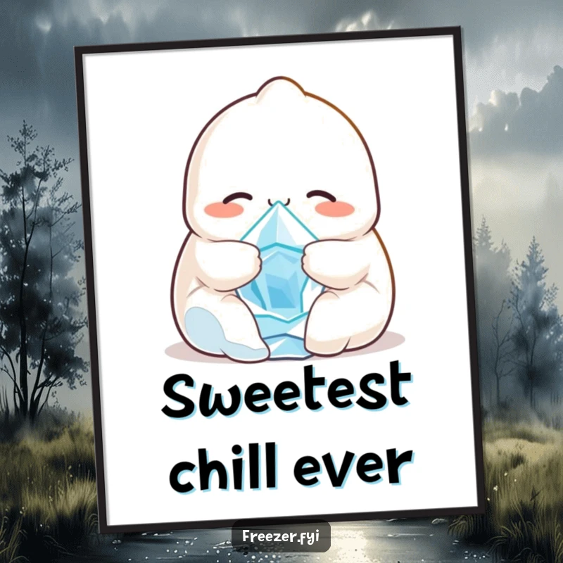 Funny digital art print of a smiling dumpling character cuddling a tiny, shivering ice crystal, offering instant humorous and cozy wall decor.