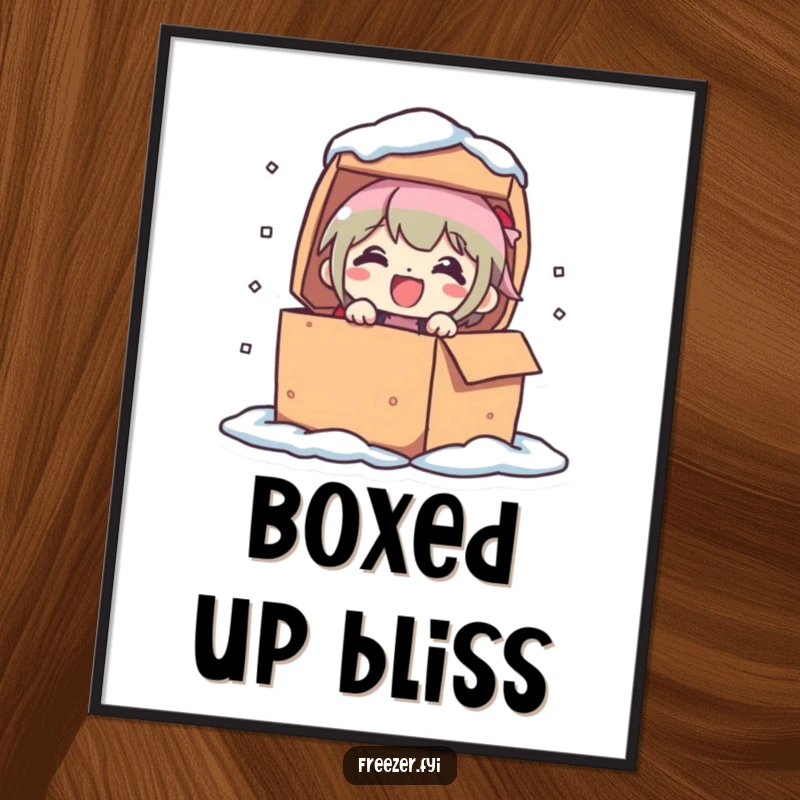 Funny digital art print of a character popping out of a frozen box with a delighted expression. Instant humorous wall decor for a joyful space.