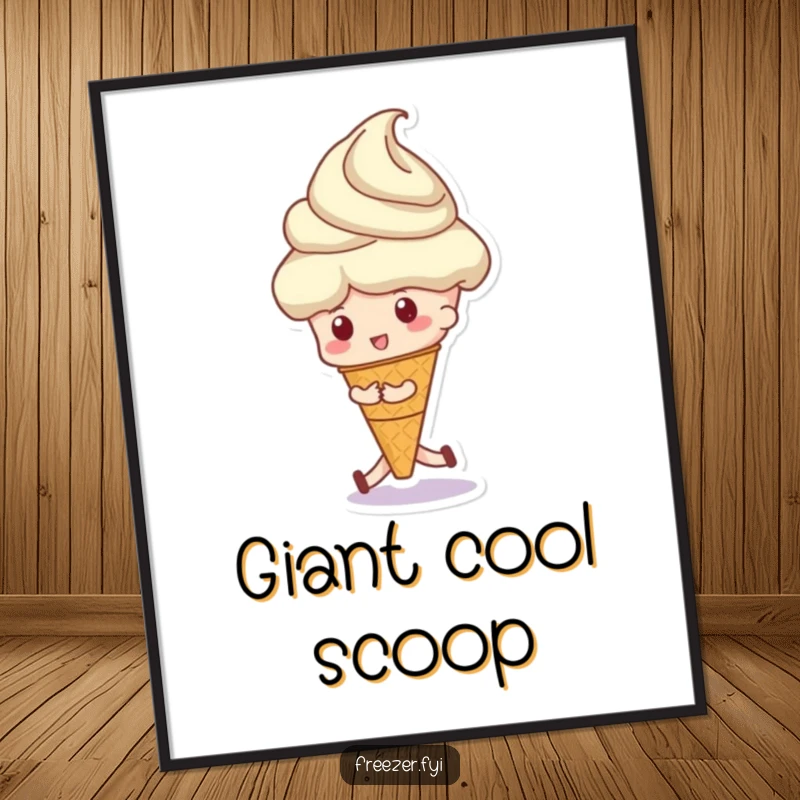 Funny digital art print capturing a character playfully pushing a massive ice cream scoop, bringing sweet, indulgent humor indoors.