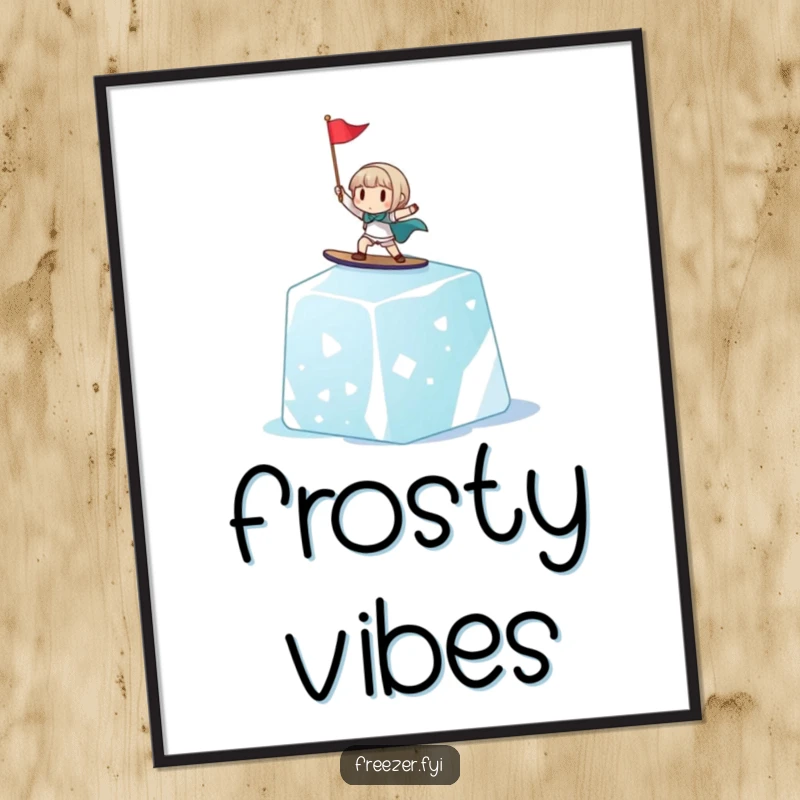 Funny digital art print of a cheerful tiny character surfing a giant ice cube, holding a small flag, adding instant humorous arctic vibes.