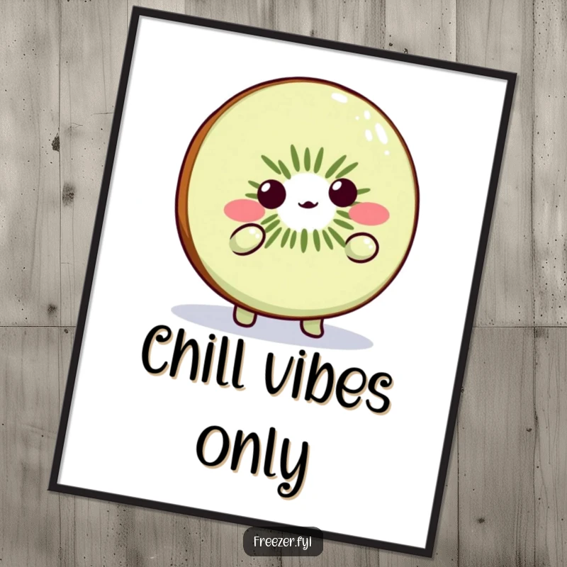 Funny Kiwi Slice Digital Art Print: Cute fruit character shrugging playfully, ideal for humorous wall decor.