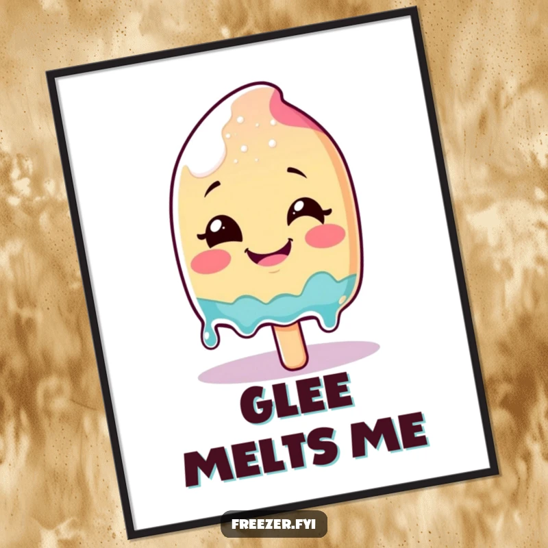 Funny smiling popsicle character melting slightly with glee, digitized as cheerful summer wall art for instant download.