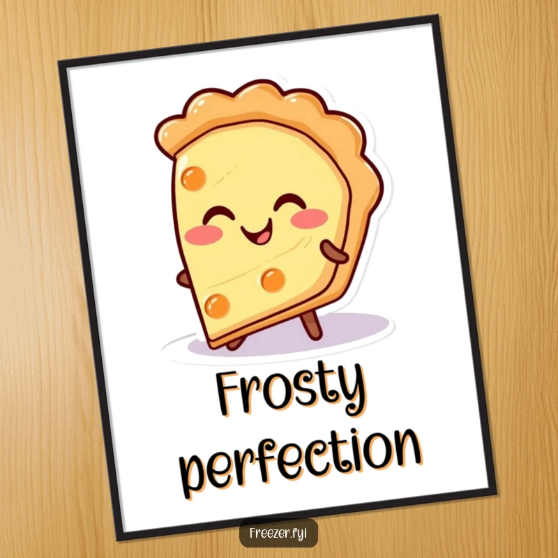 Funny pie slice digital art print of a happy character smiling warmly from a cold surface, a humorous and instantly downloadable decor gift.