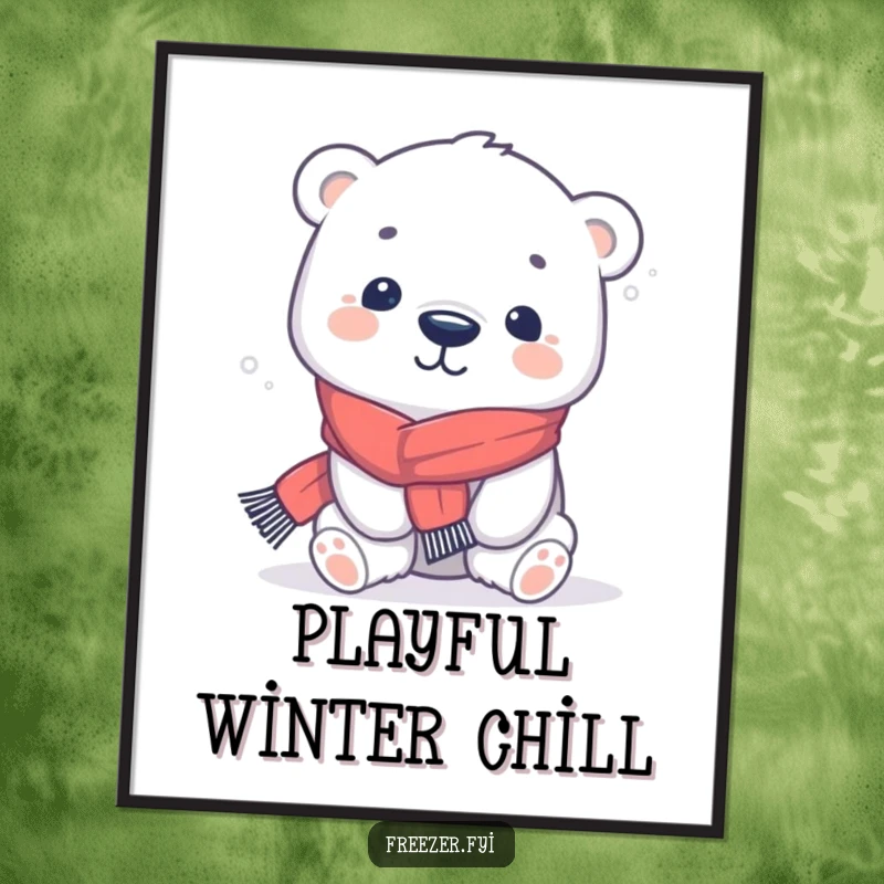 Funny polar bear digital art print of a kawaii character in a tiny scarf, playfully shivering, perfect for instant winter decor.