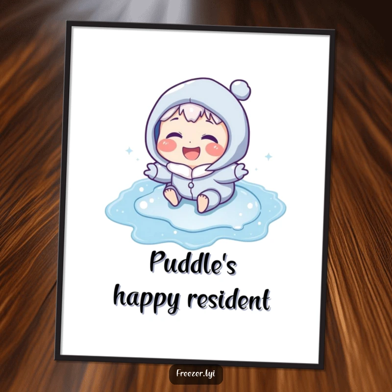 Funny digital art of a character with icy blue cheeks laughing while sliding on a frozen puddle, for instant humorous decor.