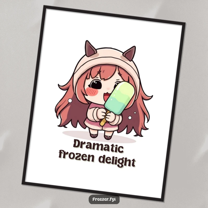 Funny digital art of a character with rosy cheeks shivering dramatically while holding a small popsicle, for instant humorous decor.
