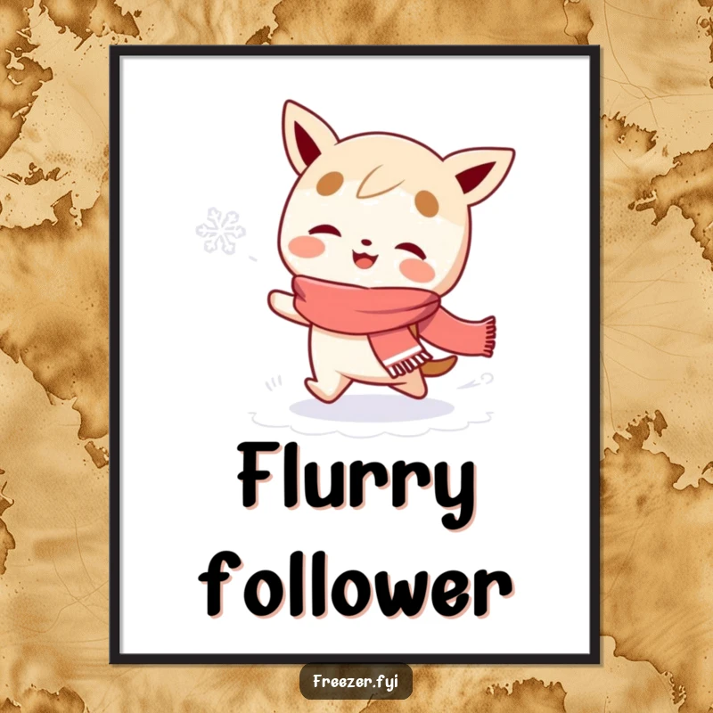 Funny digital art print of a scarf-wearing character gleefully chasing a snowflake, offering instant whimsical winter humor.