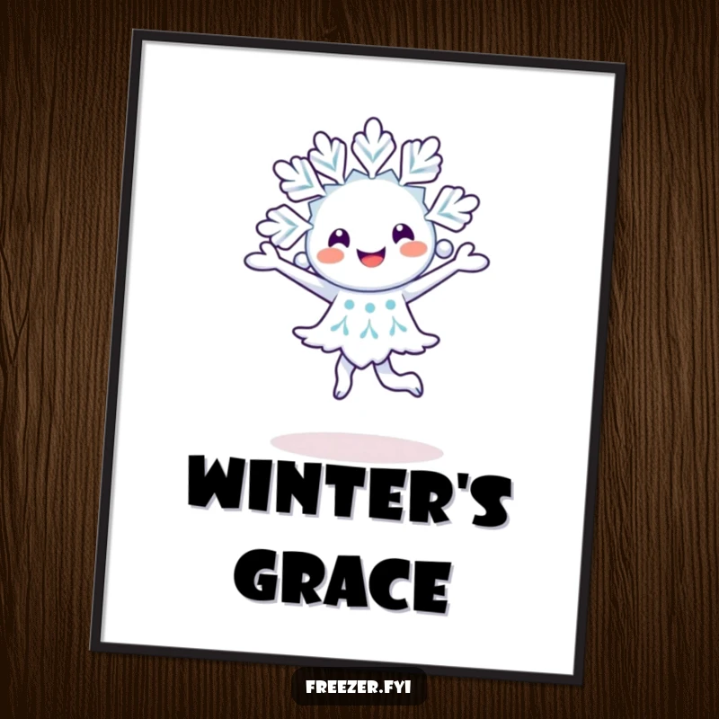 Funny happy snowflake character doing a joyful pirouette, digitized as charming winter wall art for instant download.
