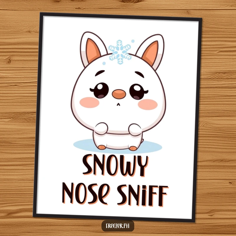 Funny digital art print capturing a character's surprised expression as a snowflake lands on its nose, bringing winter charm indoors.