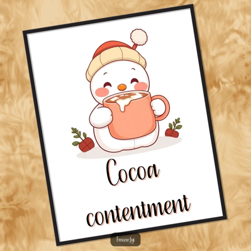 Funny digital art print of a content snowman character happily sipping hot cocoa from a large mug, offering instant cozy decor.