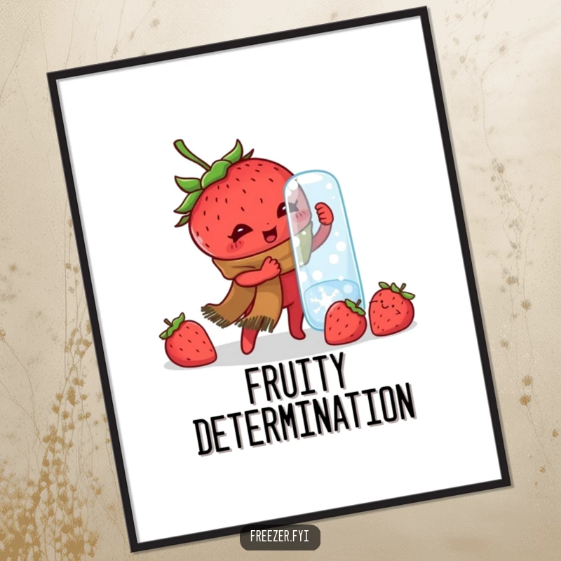 Funny digital art print of a determined strawberry in a scarf, comically struggling with a frozen jar, offering instant winter humor.