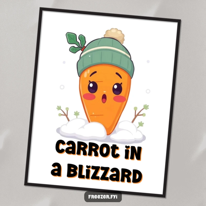 Funny surprised carrot digital art print with a carrot wearing a tiny winter hat, shivering in snow, whimsical winter wall art file.