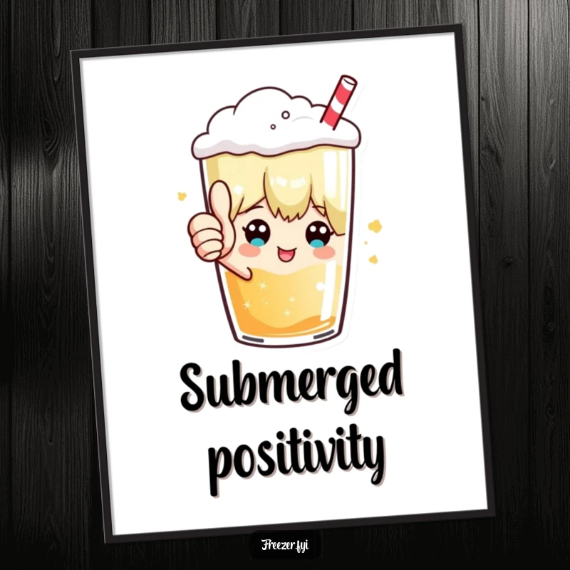 Funny digital art print of a character giving a thumbs up from inside a frosty beverage, offering a humorous and positive decorative piece.