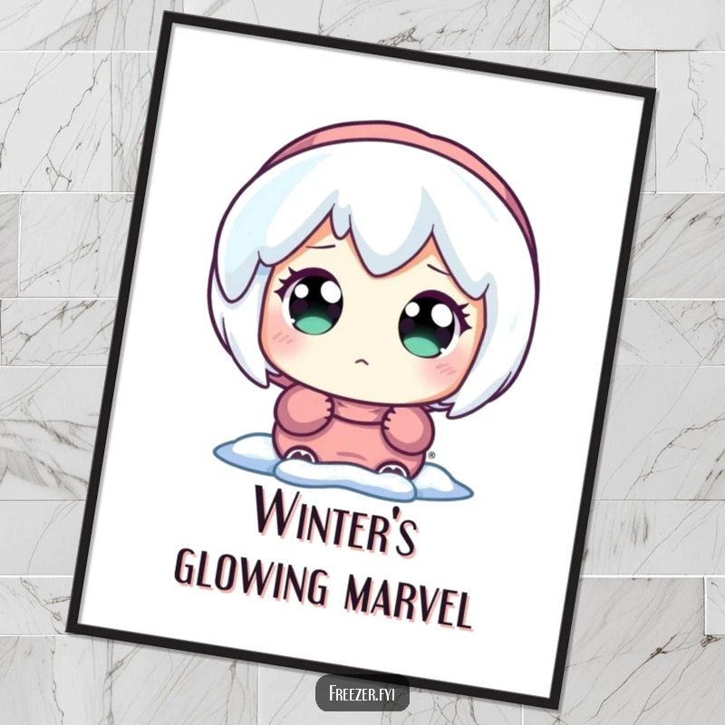 Funny digital art print of a character with wide, amazed eyes looking at a glowing icicle, perfect for winter decor.