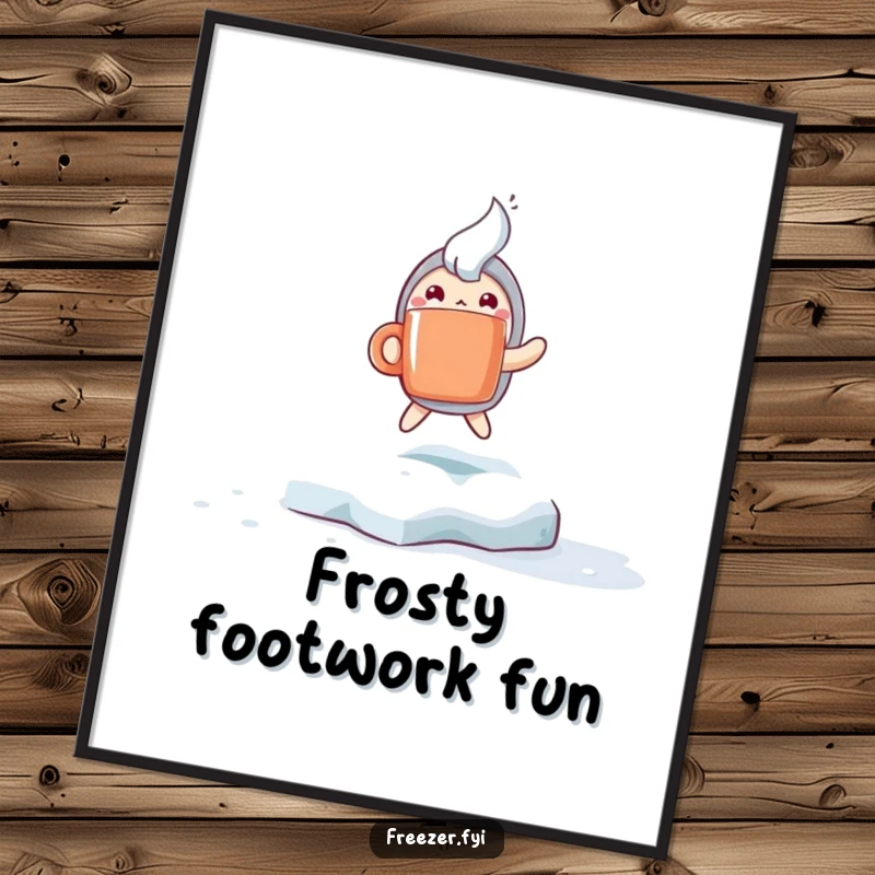 Funny digital art print showing a character with a steaming mug hopping excitedly on a frosty surface, adding winter warmth to screens.