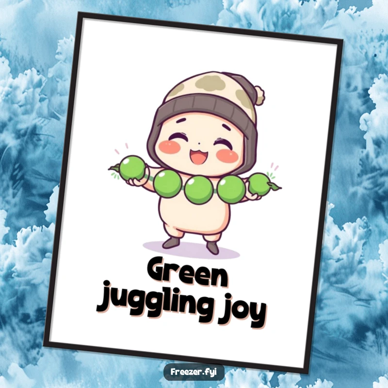 Funny digital art print showing a character in a toque cheerfully juggling three frozen peas, adding culinary humor to screens.