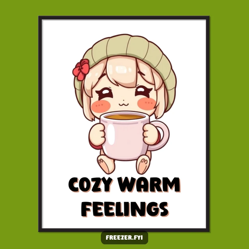 Happy Warm Mug Digital Art: Cozy Rosy Character Art Print