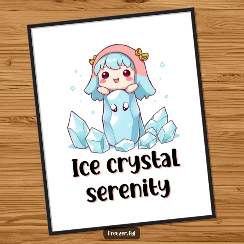 Funny digital art print of a character happily floating among ice crystals. Instant humorous wall decor for a serene space.