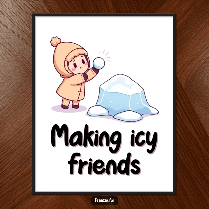 Funny digital art print showing a character playfully throwing a snowball at a curious, floating ice floe, adding winter humor to screens.