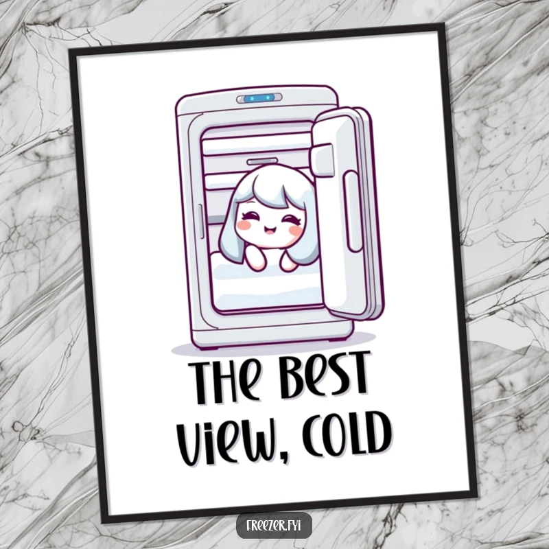 Funny digital art print of a character giggling inside an open freezer, perfect for humorous decor.