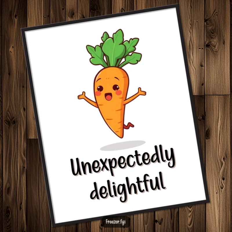 Funny digital art print of a cheerful carrot stick character doing a surprised little jump, offering instant humorous and energetic wall decor.