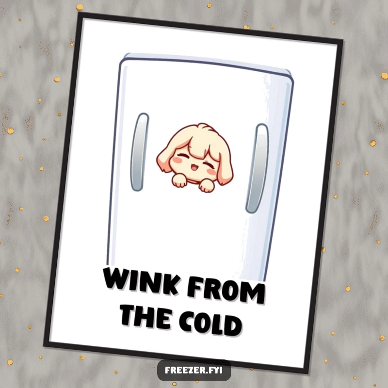 Funny freezer digital art print of a small character peeking from a freezer, giving a mischievous wink.
