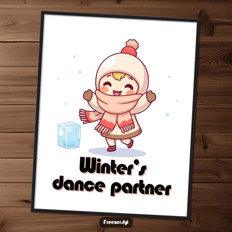 Funny digital art of a character in a scarf happily dancing with a shivering ice cube, for instant heartwarming and humorous decor.