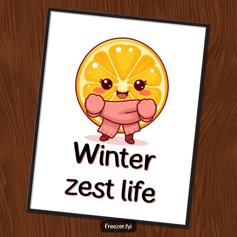 Funny digital art print of a joyful orange slice character in winter attire, ideal for instant humor and cheerful decor.