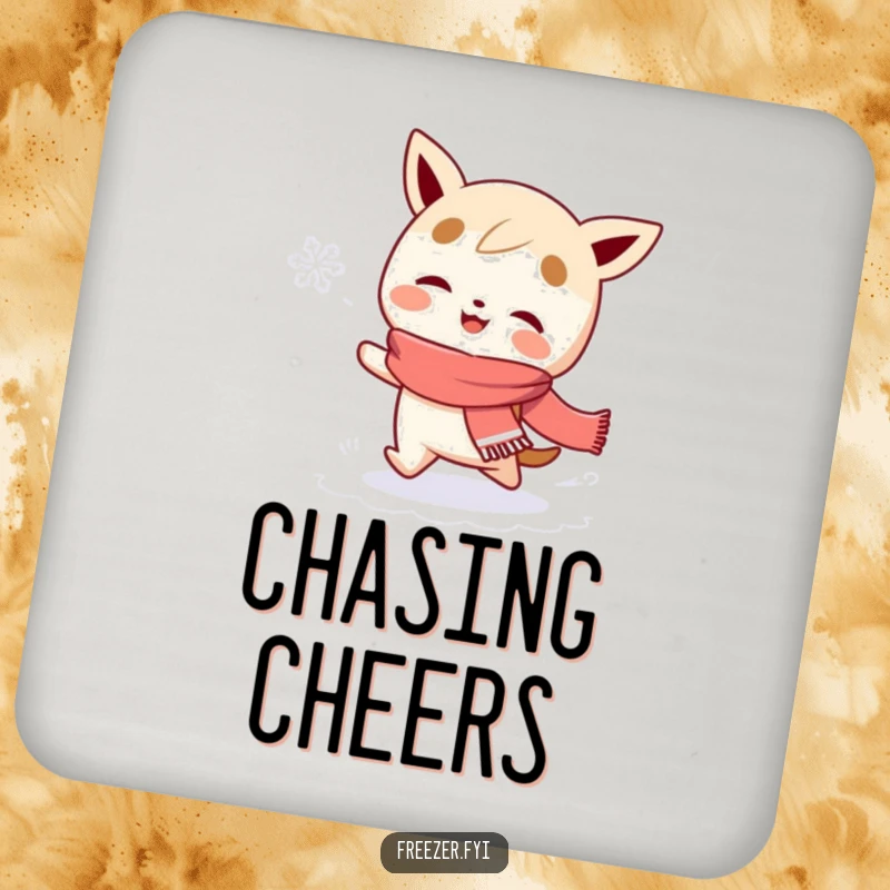 Funny drink coasters featuring a scarf-wearing character gleefully chasing a snowflake, protecting surfaces with whimsical winter humor.