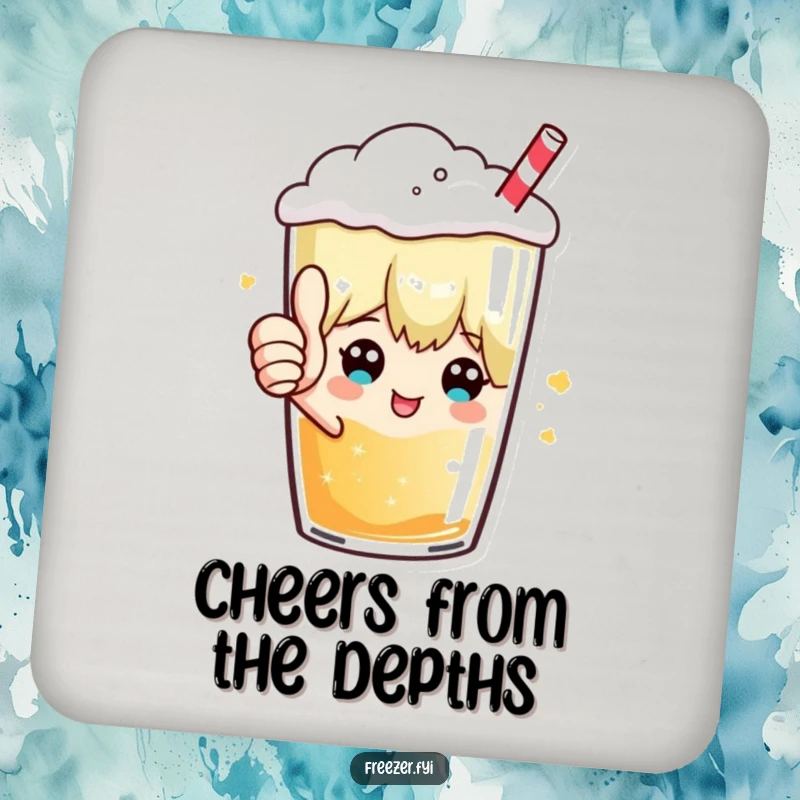 Funny drink coaster with a character giving a thumbs up from inside a frosty beverage, adding a humorous and approving touch to table settings.
